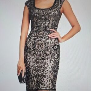Sue Wong Black and Cream Embroidered Midi Dress 8
